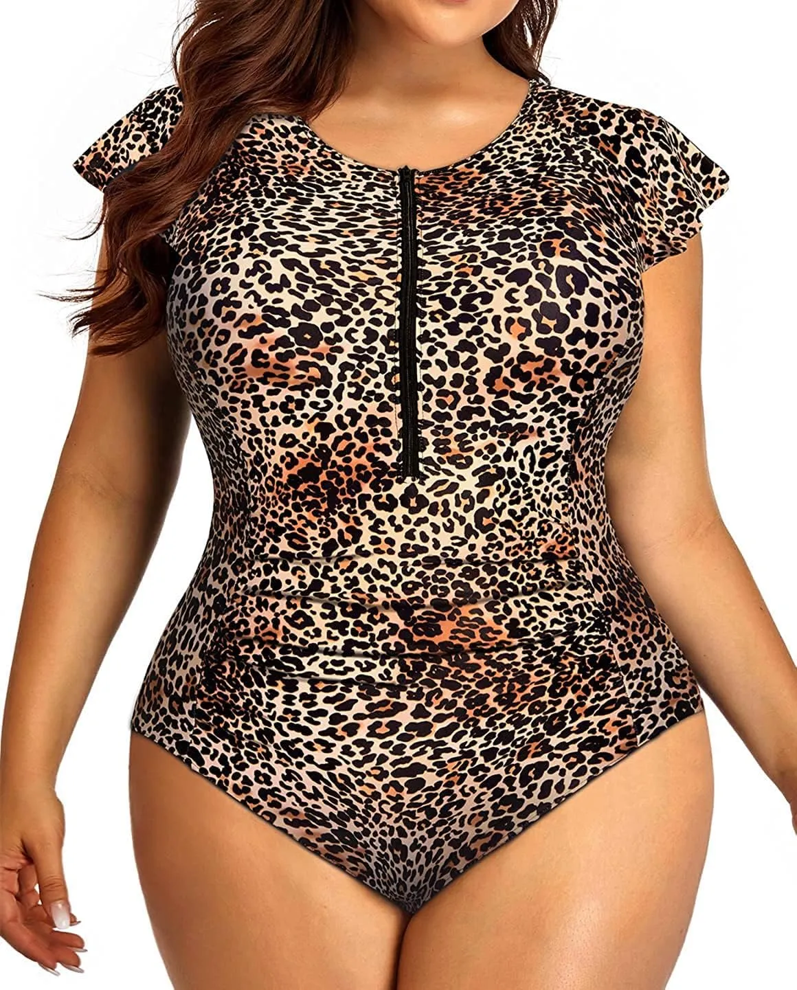 Holipick Plus Size One Piece Swimsuit for Women Tummy Control Cap Sleeves Bathing Suits Zipper Front Rash Guard Swimwear