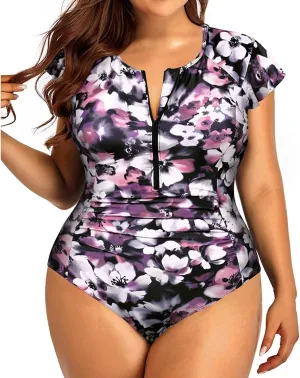 Holipick Plus Size One Piece Swimsuit for Women Tummy Control Cap Sleeves Bathing Suits Zipper Front Rash Guard Swimwear