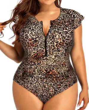 Holipick Plus Size One Piece Swimsuit for Women Tummy Control Cap Sleeves Bathing Suits Zipper Front Rash Guard Swimwear