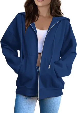 Hoodies for Women Long Sleeve Fall Fashion 2024 Oversized Zip Up Sweatshirts Solid Light Hoodie Jacket with Pockets