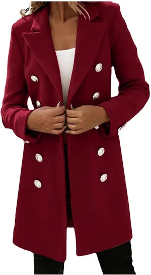 Hvyesh Womens Wool Trench Pea Coats 2024 Winter Jackets Trendy Notch Lapel Double Breasted Mid Long Warm Jacket Overcoat