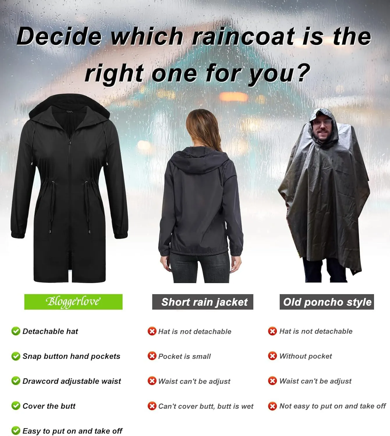 IN'VOLAND Women's Rain Jacket Plus Size Long Raincoat Lightweight Hooded Windbreaker Waterproof Jackets with Pockets