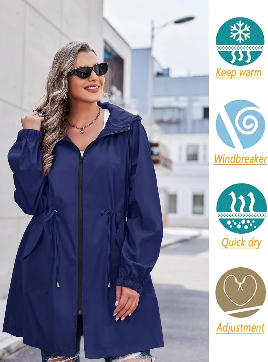 IN'VOLAND Women's Rain Jacket Plus Size Long Raincoat Lightweight Hooded Windbreaker Waterproof Jackets with Pockets