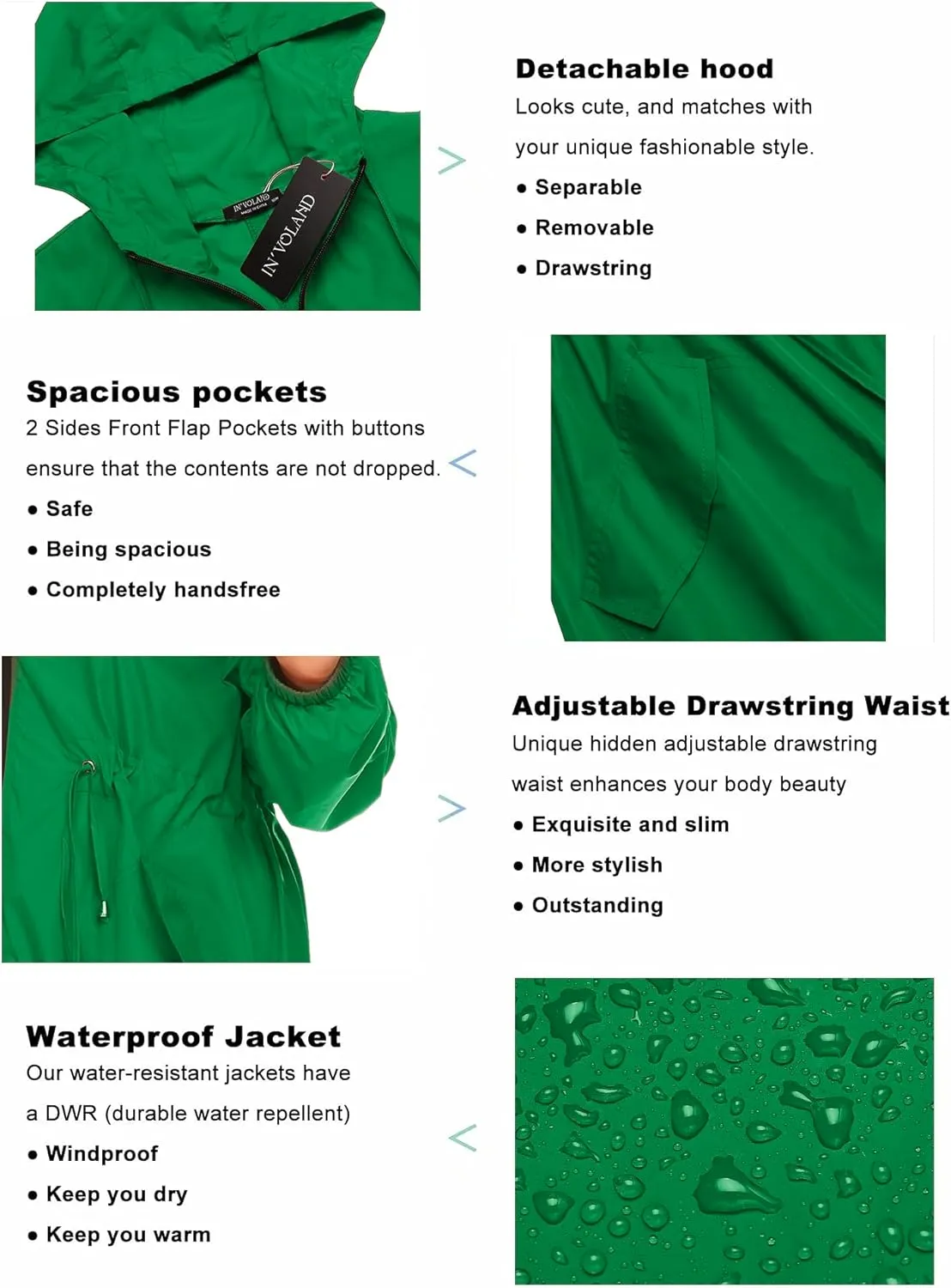IN'VOLAND Women's Rain Jacket Plus Size Long Raincoat Lightweight Hooded Windbreaker Waterproof Jackets with Pockets