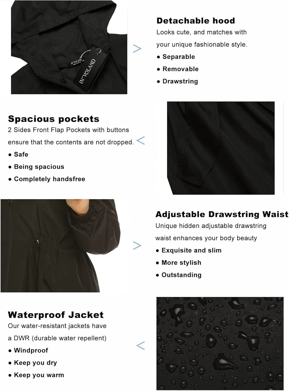 IN'VOLAND Women's Rain Jacket Plus Size Long Raincoat Lightweight Hooded Windbreaker Waterproof Jackets with Pockets