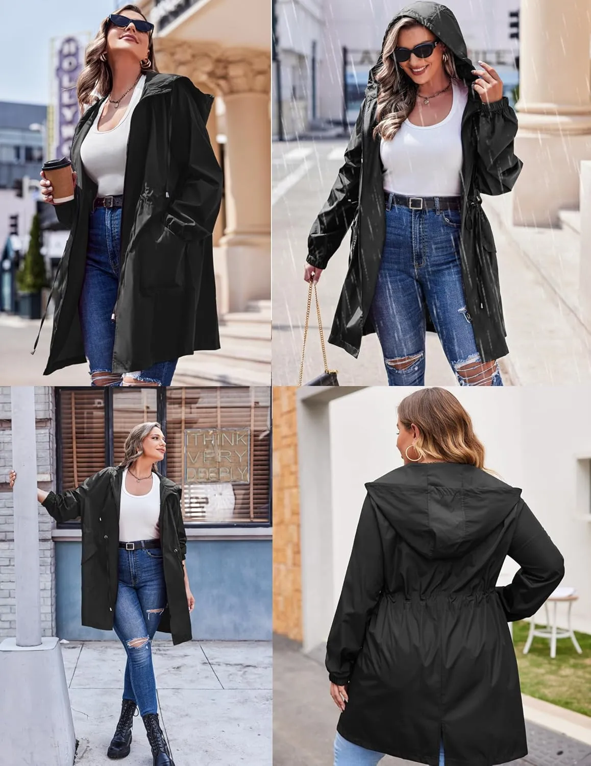 IN'VOLAND Women's Rain Jacket Plus Size Long Raincoat Lightweight Hooded Windbreaker Waterproof Jackets with Pockets