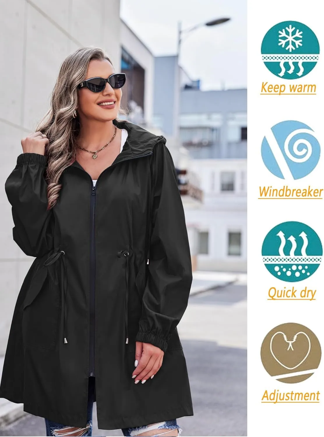 IN'VOLAND Women's Rain Jacket Plus Size Long Raincoat Lightweight Hooded Windbreaker Waterproof Jackets with Pockets