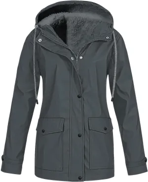 Jackets for Women Fleece Lined Hooded Drawstring Windproof Raincoat Waterproof Trench Coat Women Outdoor with Pocket