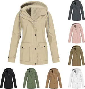 Jackets for Women Fleece Lined Hooded Drawstring Windproof Raincoat Waterproof Trench Coat Women Outdoor with Pocket