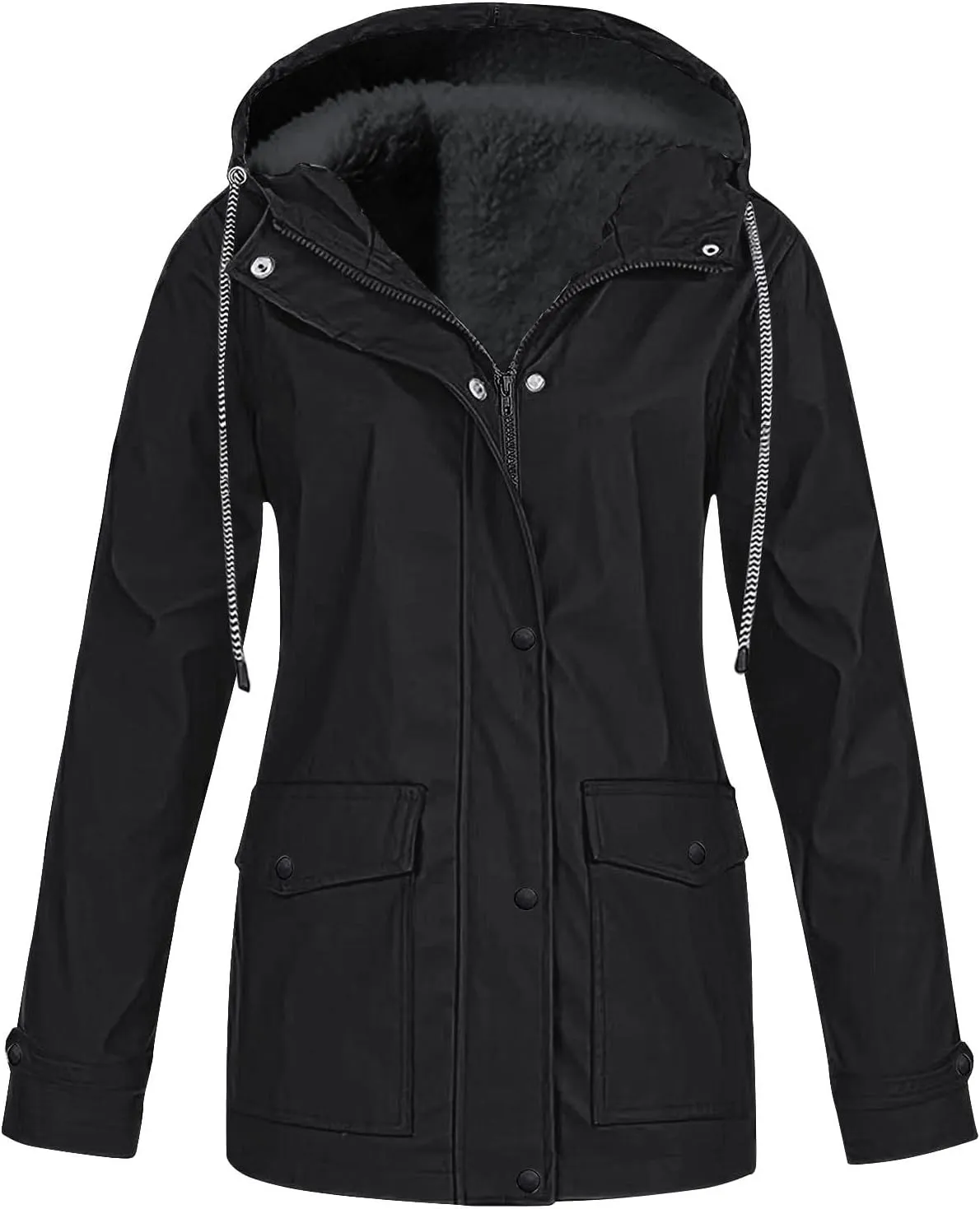 Jackets for Women Fleece Lined Hooded Drawstring Windproof Raincoat Waterproof Trench Coat Women Outdoor with Pocket