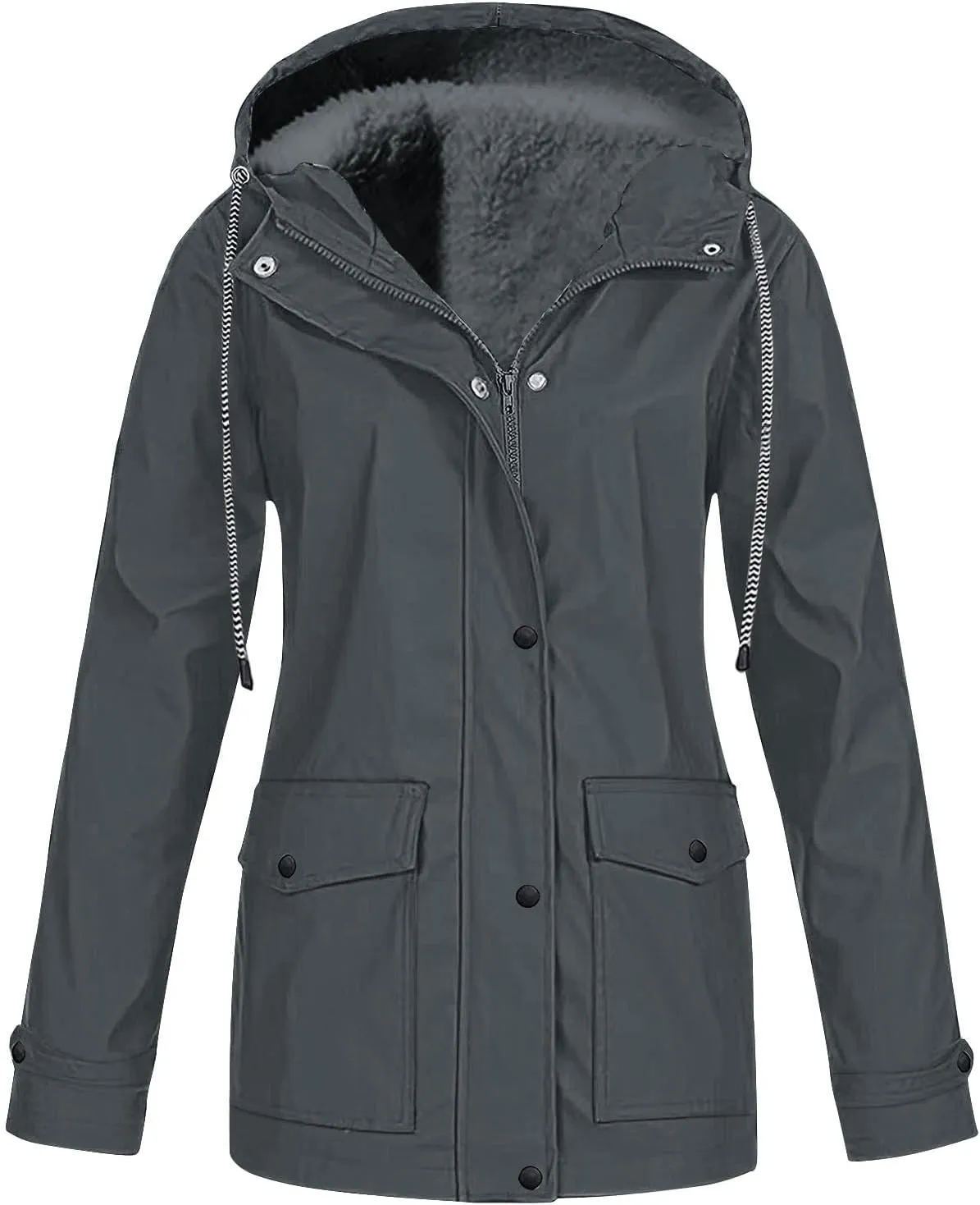 Jackets for Women Fleece Lined Hooded Drawstring Windproof Raincoat Waterproof Trench Coat Women Outdoor with Pocket