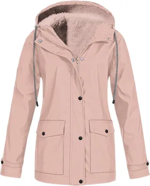 Jackets for Women Fleece Lined Hooded Drawstring Windproof Raincoat Waterproof Trench Coat Women Outdoor with Pocket
