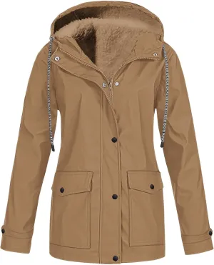 Jackets for Women Fleece Lined Hooded Drawstring Windproof Raincoat Waterproof Trench Coat Women Outdoor with Pocket