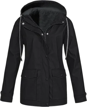 Jackets for Women Fleece Lined Hooded Drawstring Windproof Raincoat Waterproof Trench Coat Women Outdoor with Pocket