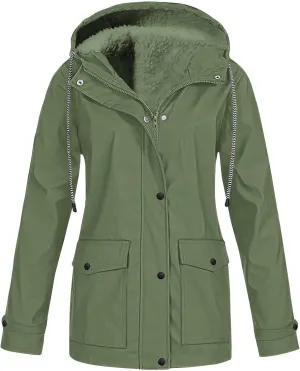 Jackets for Women Fleece Lined Hooded Drawstring Windproof Raincoat Waterproof Trench Coat Women Outdoor with Pocket