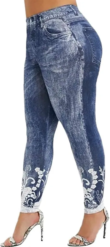 Jean Leggings for Women Plus Size Butterfly Printed Denim High Waisted Yoga Pants Stretch Jean Look Jeggings Tights