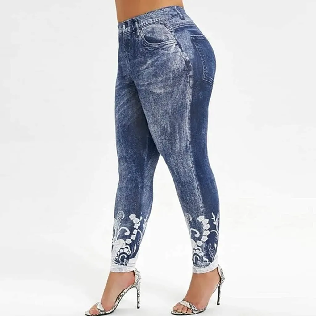 Jean Leggings for Women Plus Size Butterfly Printed Denim High Waisted Yoga Pants Stretch Jean Look Jeggings Tights