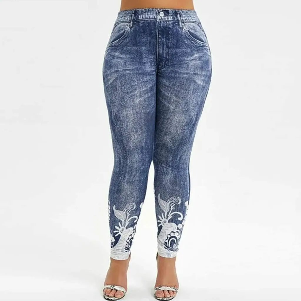 Jean Leggings for Women Plus Size Butterfly Printed Denim High Waisted Yoga Pants Stretch Jean Look Jeggings Tights