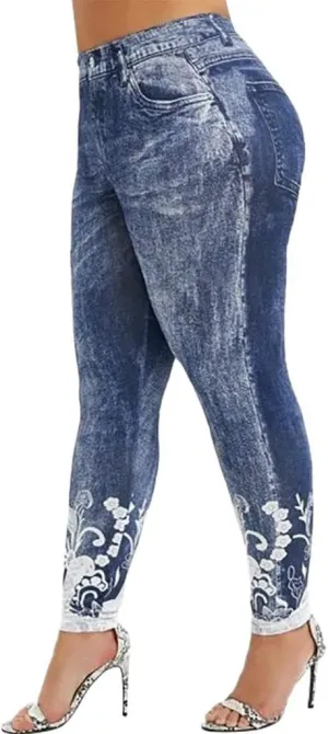 Jean Leggings for Women Plus Size Butterfly Printed Denim High Waisted Yoga Pants Stretch Jean Look Jeggings Tights
