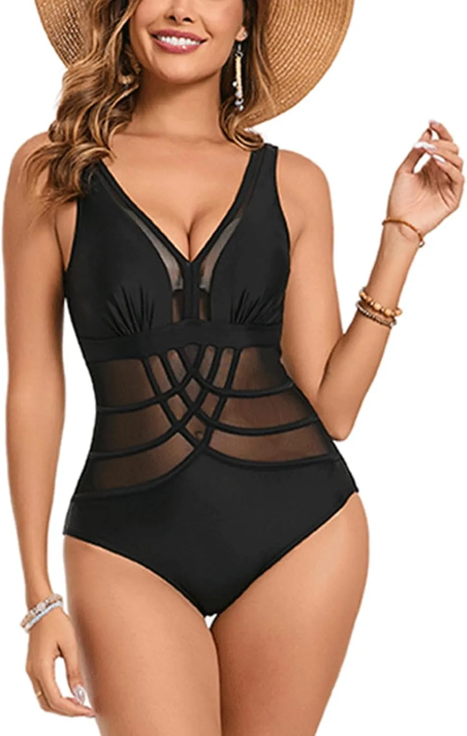 JOAU Womens One Piece Swimsuit Modest Tummy Control Bathing Suit Slimming Deep V Neck Backless Sheer Mesh Patchwork Swimwear