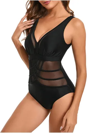 JOAU Womens One Piece Swimsuit Modest Tummy Control Bathing Suit Slimming Deep V Neck Backless Sheer Mesh Patchwork Swimwear