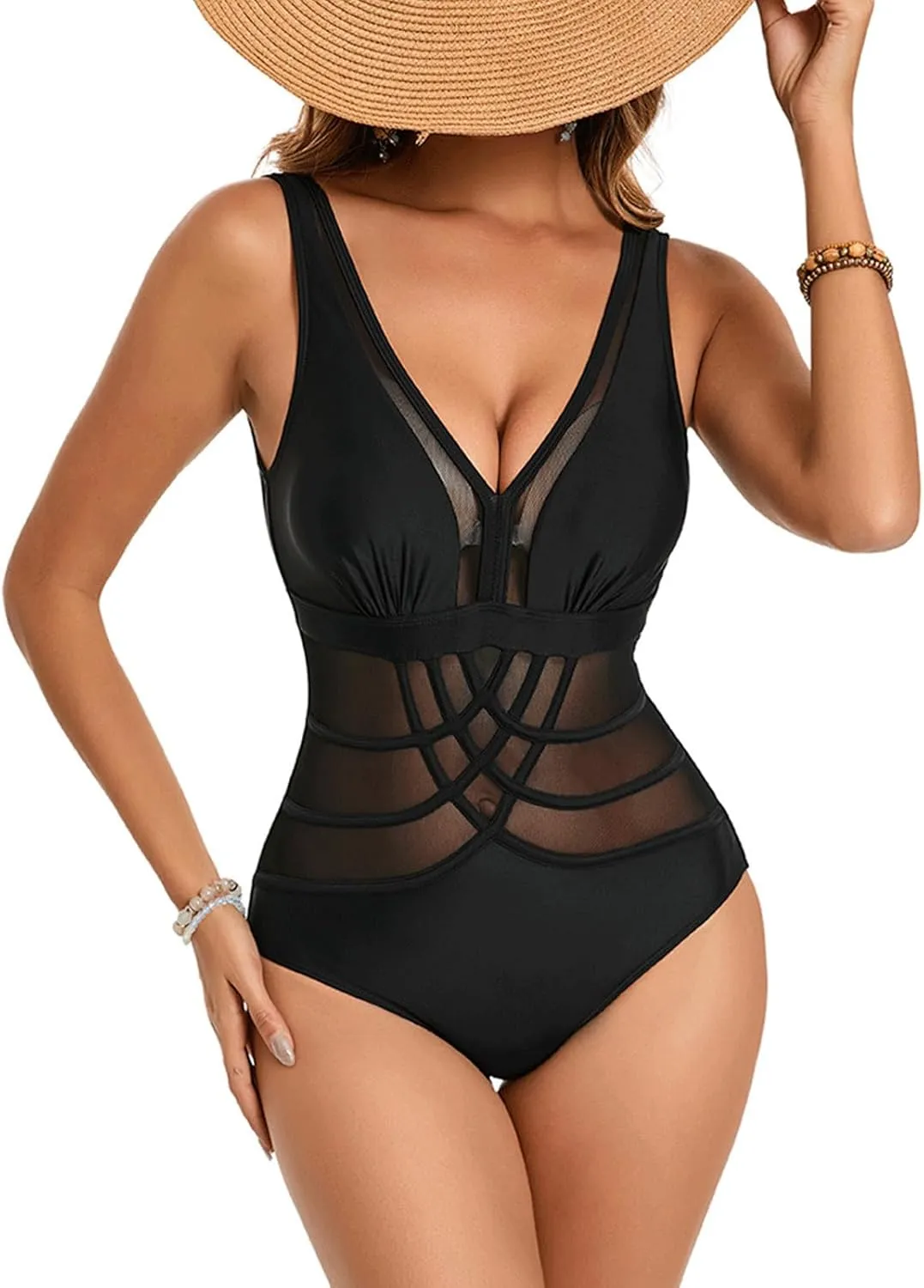 JOAU Womens One Piece Swimsuit Modest Tummy Control Bathing Suit Slimming Deep V Neck Backless Sheer Mesh Patchwork Swimwear