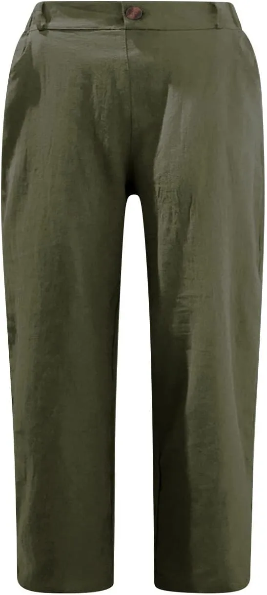 jovati Capri Pants for Women Casual 2023 Summer Drawstring Elastic High Waist Linen Pant Straight Wide Leg Cropped Trouser