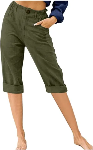 jovati Capri Pants for Women Casual 2023 Summer Drawstring Elastic High Waist Linen Pant Straight Wide Leg Cropped Trouser