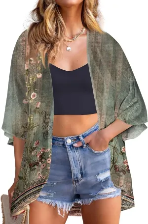 Kimono Cover ups for Women Chiffon Solid 3/4 Sleeve Cardigans Summer Swimwear Open Front Cardigans Baggy Tops Vacation