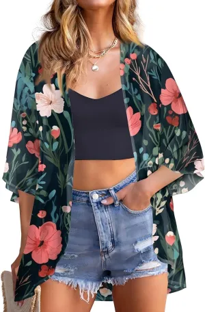 Kimono Cover ups for Women Chiffon Solid 3/4 Sleeve Cardigans Summer Swimwear Open Front Cardigans Baggy Tops Vacation