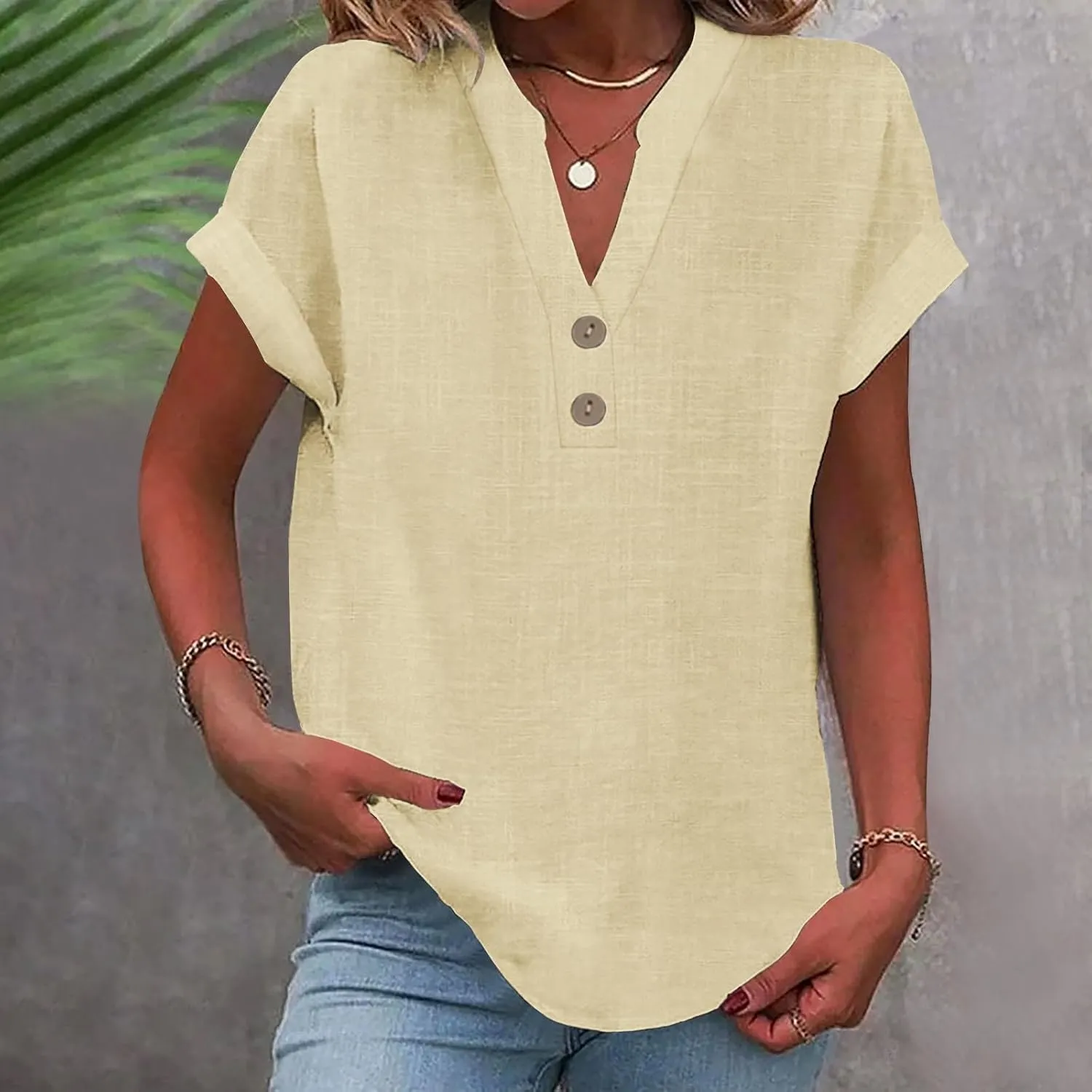 Linen Shirts for Women Loose Fit Vacation Short Sleeve Boho Tops Casual Button Up V Neck T Shirts Solid Summer Blouse