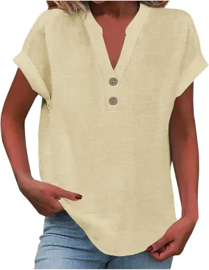 Linen Shirts for Women Loose Fit Vacation Short Sleeve Boho Tops Casual Button Up V Neck T Shirts Solid Summer Blouse