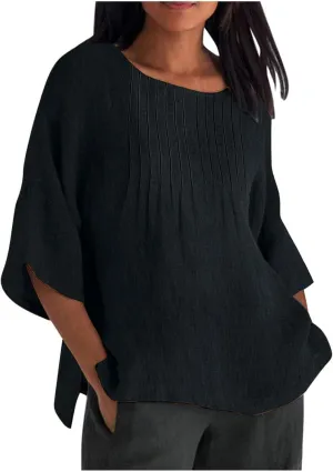 Linen Shirts for Women Solid Color Basic 3/4 Sleeve Tops 2025 Crewneck Casual Pleated Blouses Summer Vacation Tshirts