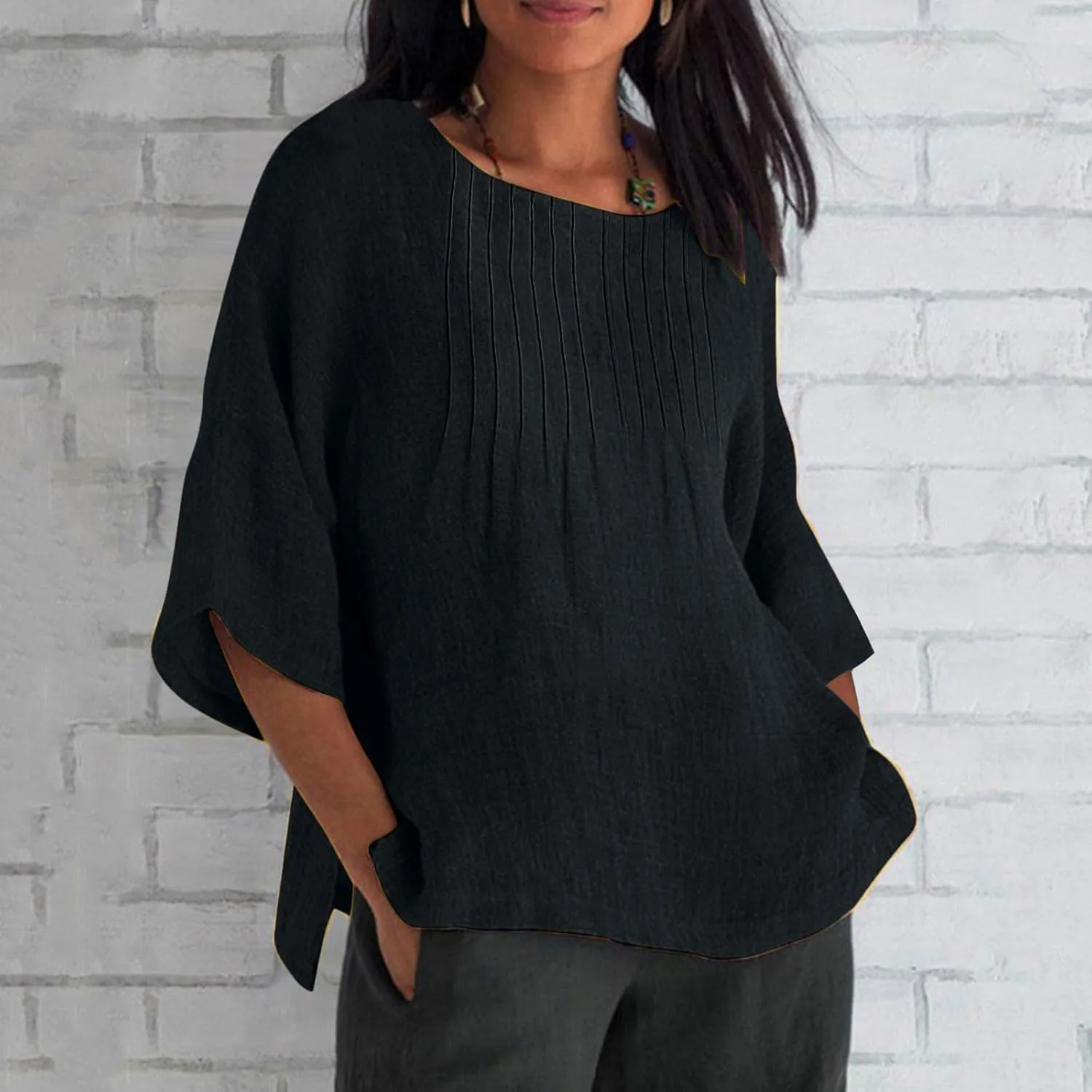 Linen Shirts for Women Solid Color Basic 3/4 Sleeve Tops 2025 Crewneck Casual Pleated Blouses Summer Vacation Tshirts