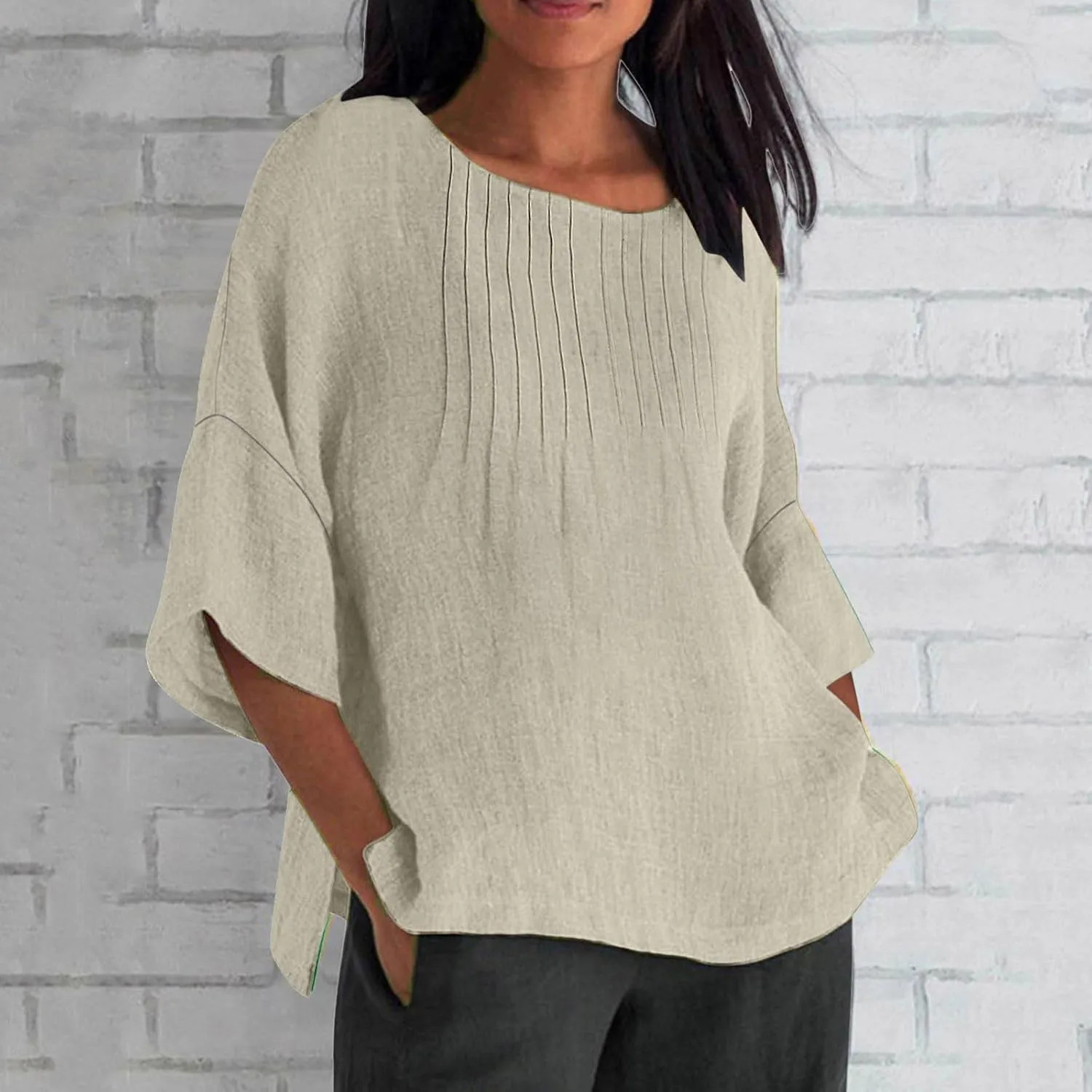Linen Shirts for Women Solid Color Basic 3/4 Sleeve Tops 2025 Crewneck Casual Pleated Blouses Summer Vacation Tshirts
