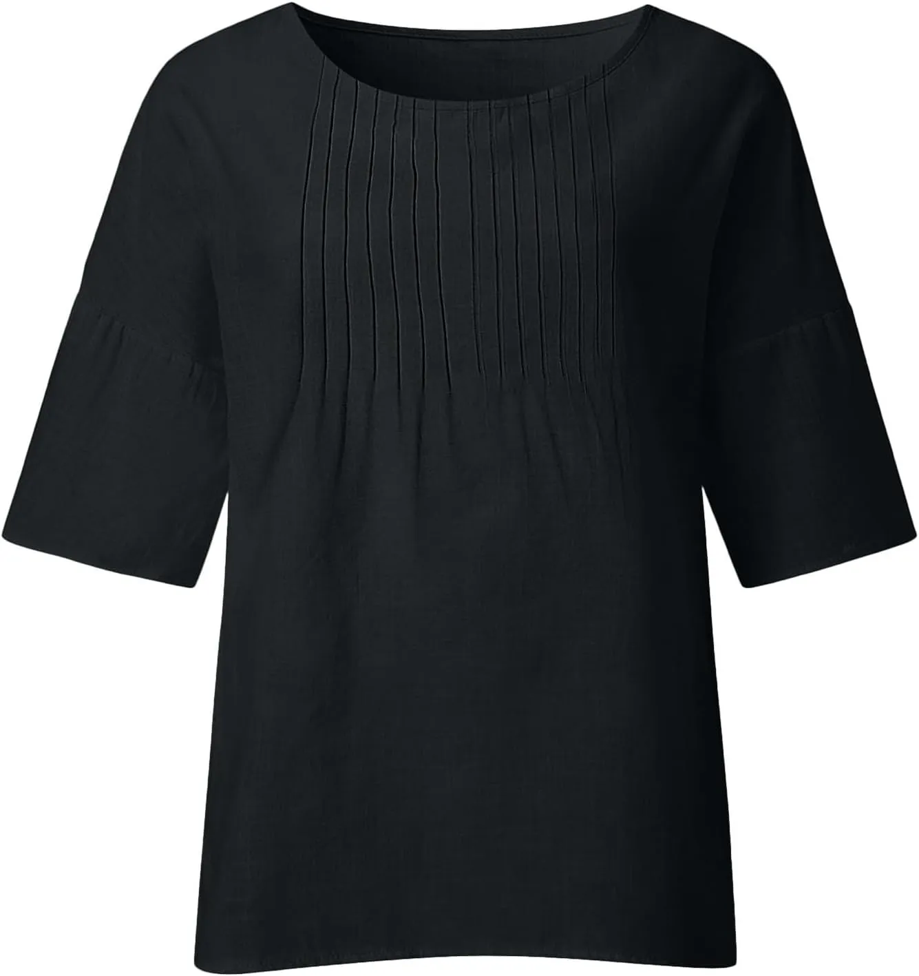 Linen Shirts for Women Solid Color Basic 3/4 Sleeve Tops 2025 Crewneck Casual Pleated Blouses Summer Vacation Tshirts