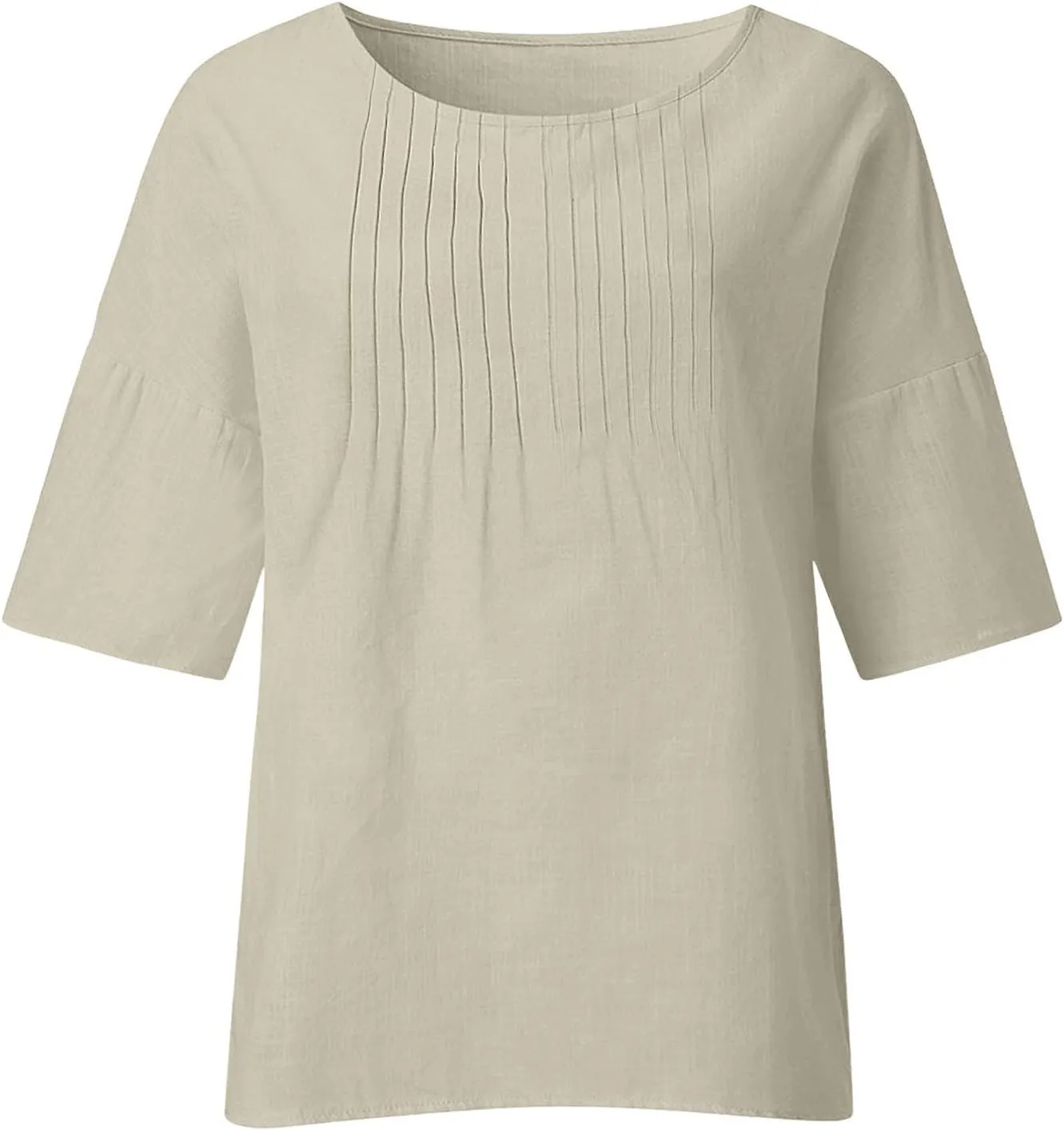 Linen Shirts for Women Solid Color Basic 3/4 Sleeve Tops 2025 Crewneck Casual Pleated Blouses Summer Vacation Tshirts