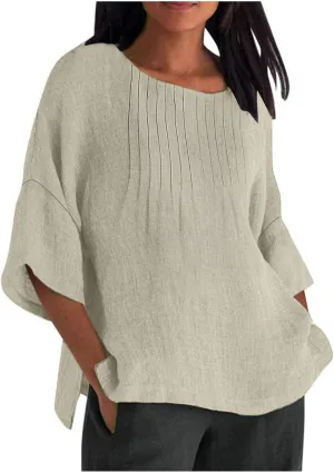 Linen Shirts for Women Solid Color Basic 3/4 Sleeve Tops 2025 Crewneck Casual Pleated Blouses Summer Vacation Tshirts