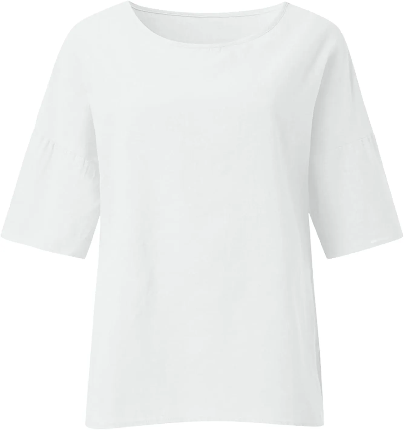 Linen Shirts for Women Solid Color Basic 3/4 Sleeve Tops Summer Casual Round Neck Pullover Blouse Ladies Tunic Tshirt