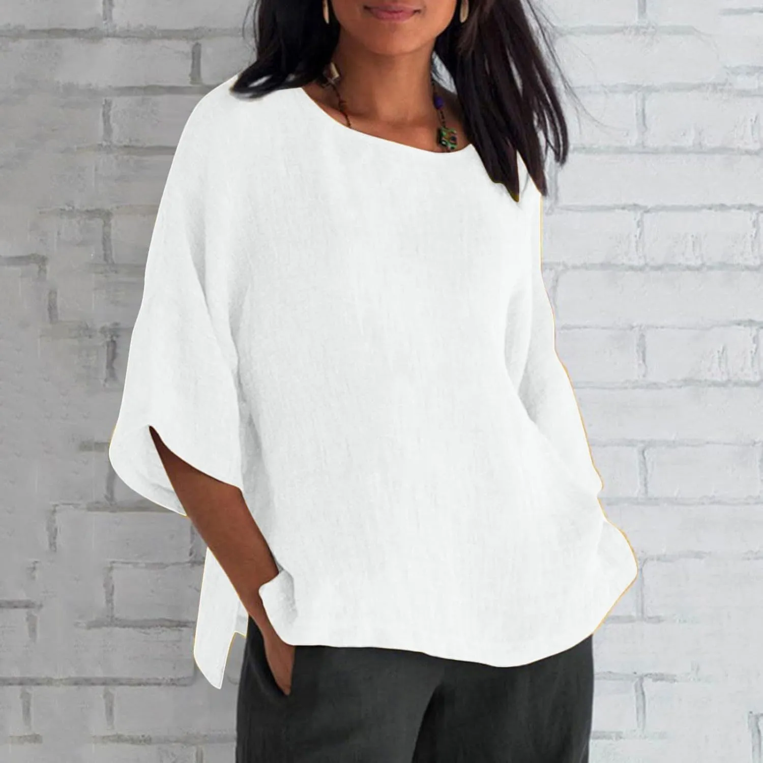 Linen Shirts for Women Solid Color Basic 3/4 Sleeve Tops Summer Casual Round Neck Pullover Blouse Ladies Tunic Tshirt