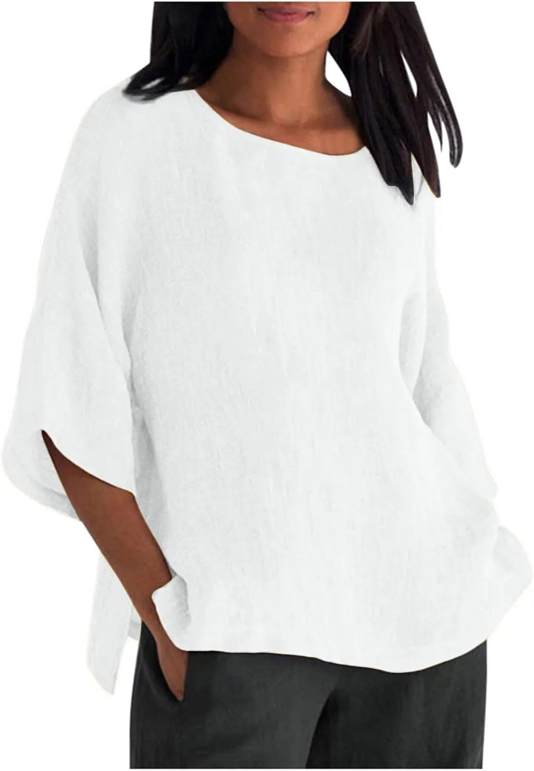Linen Shirts for Women Solid Color Basic 3/4 Sleeve Tops Summer Casual Round Neck Pullover Blouse Ladies Tunic Tshirt