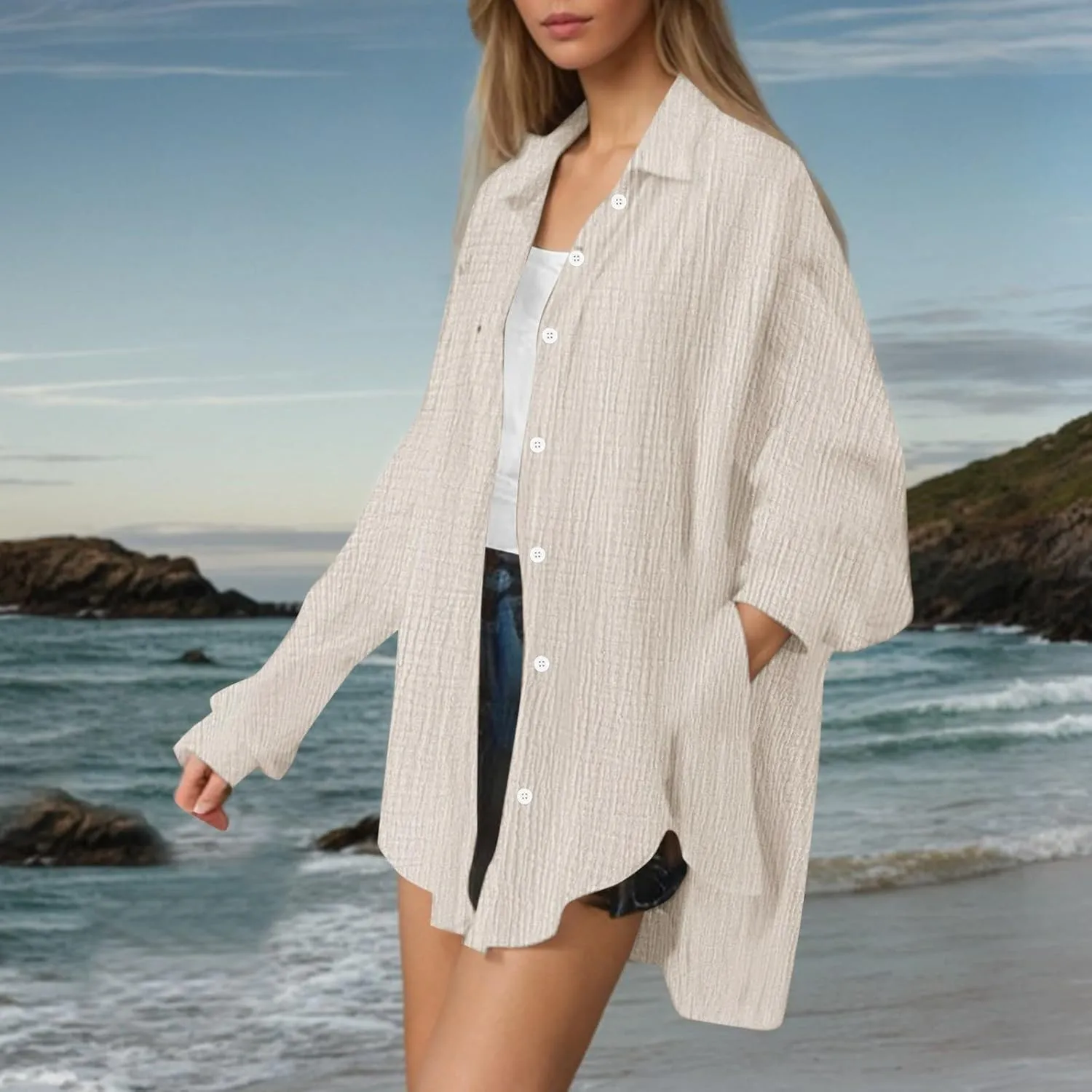 Linen Shirts for Women Summer Oversized Long Sleeve Lapel Button Down Shirt Lightweight Gauze Tops Loose Casual Blouses