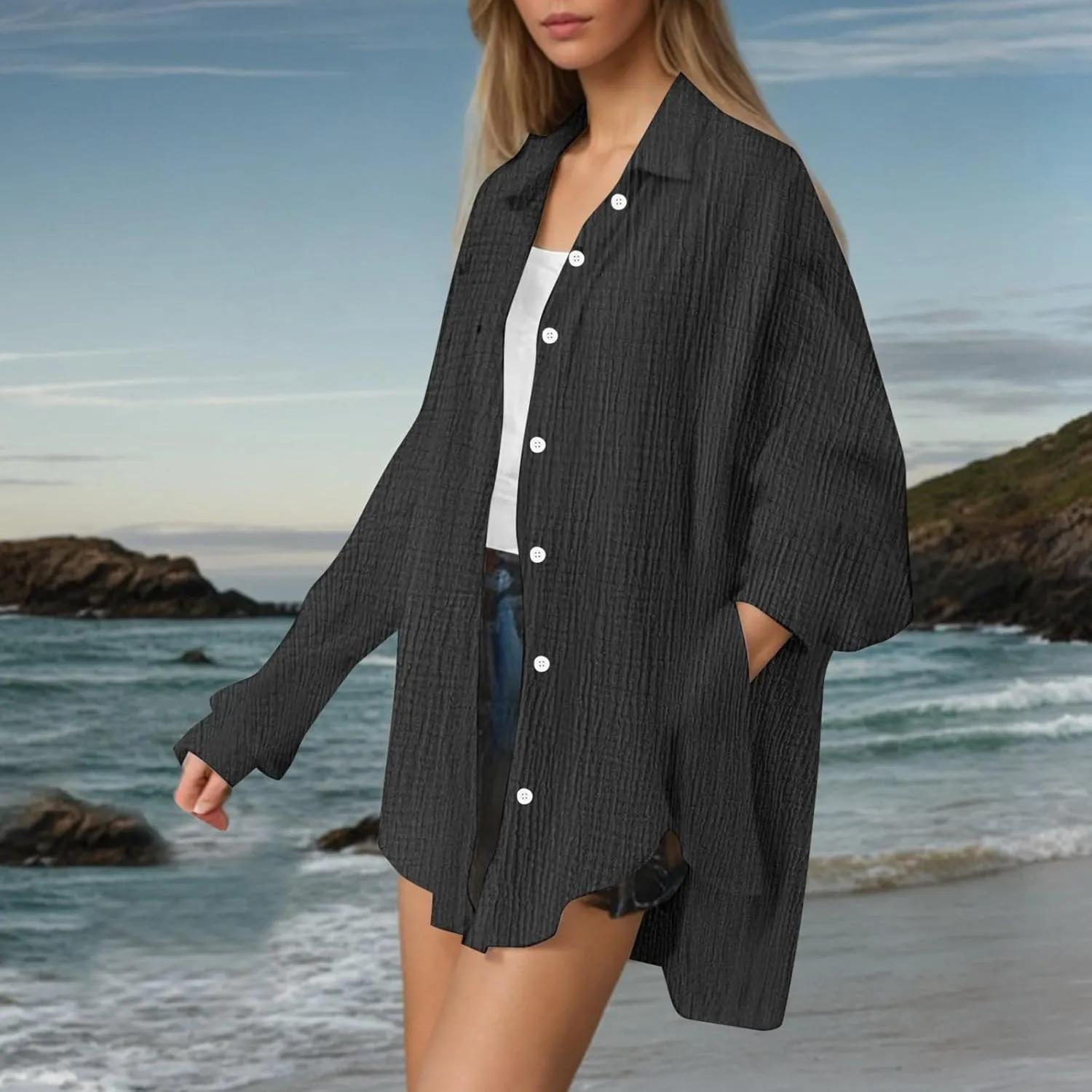 Linen Shirts for Women Summer Oversized Long Sleeve Lapel Button Down Shirt Lightweight Gauze Tops Loose Casual Blouses