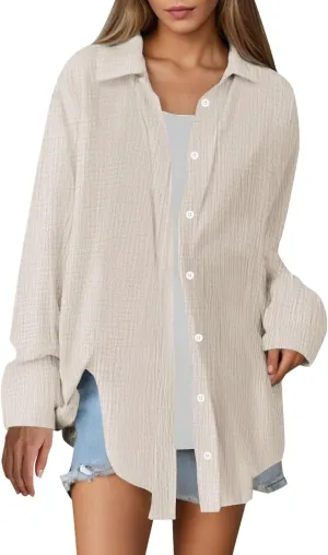 Linen Shirts for Women Summer Oversized Long Sleeve Lapel Button Down Shirt Lightweight Gauze Tops Loose Casual Blouses
