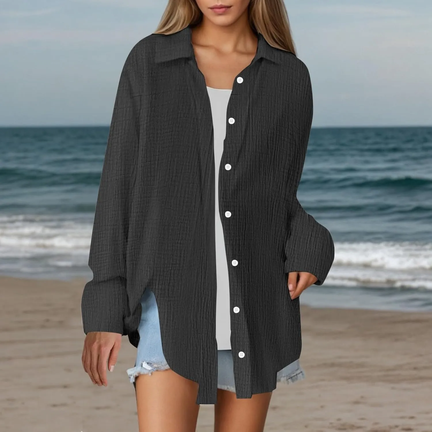 Linen Shirts for Women Summer Oversized Long Sleeve Lapel Button Down Shirt Lightweight Gauze Tops Loose Casual Blouses