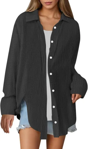 Linen Shirts for Women Summer Oversized Long Sleeve Lapel Button Down Shirt Lightweight Gauze Tops Loose Casual Blouses