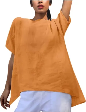 Linen Shirts for Women Summer Short Sleeve Tops Dressy Casual Blouse Irregular Hi-Low Hem Tunic Tees Fashion Clothes