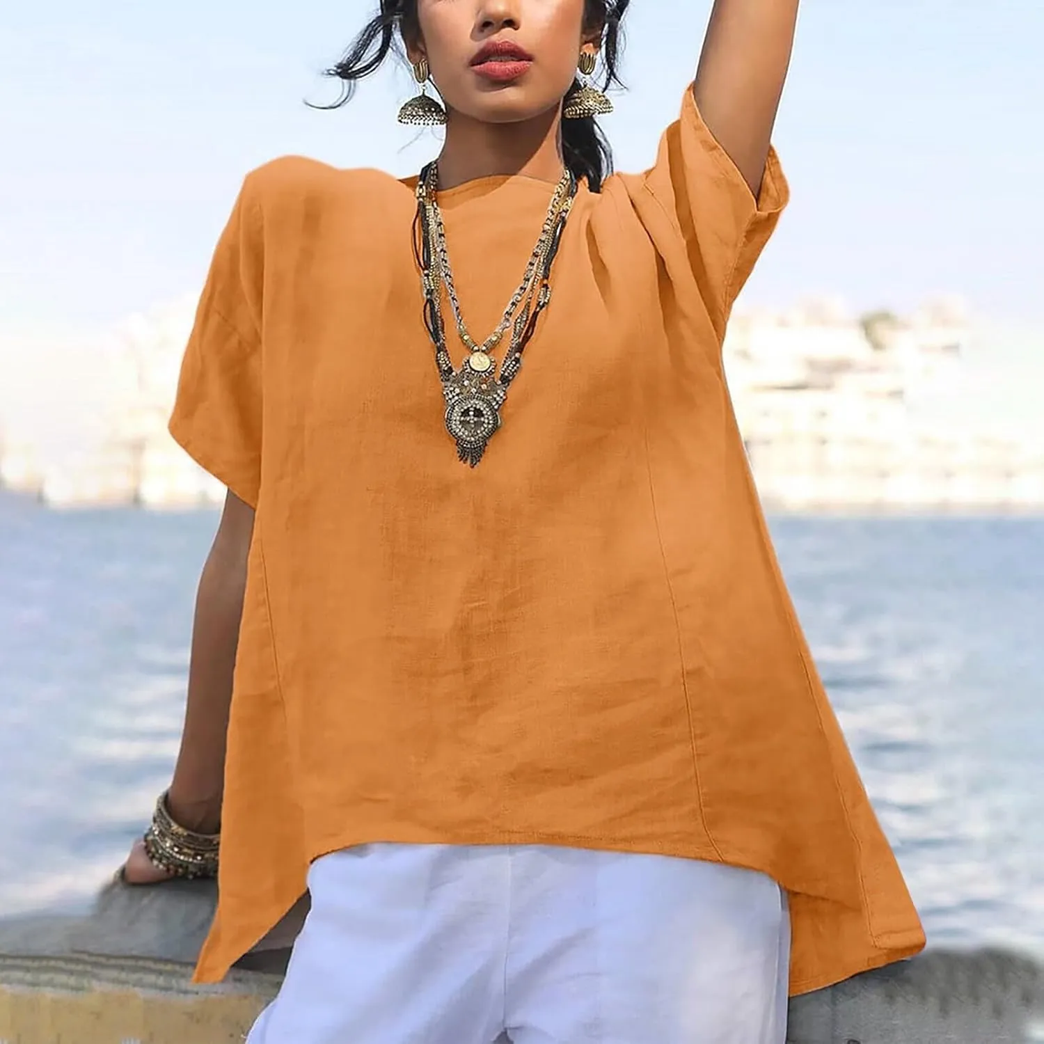 Linen Shirts for Women Summer Short Sleeve Tops Dressy Casual Blouse Irregular Hi-Low Hem Tunic Tees Fashion Clothes