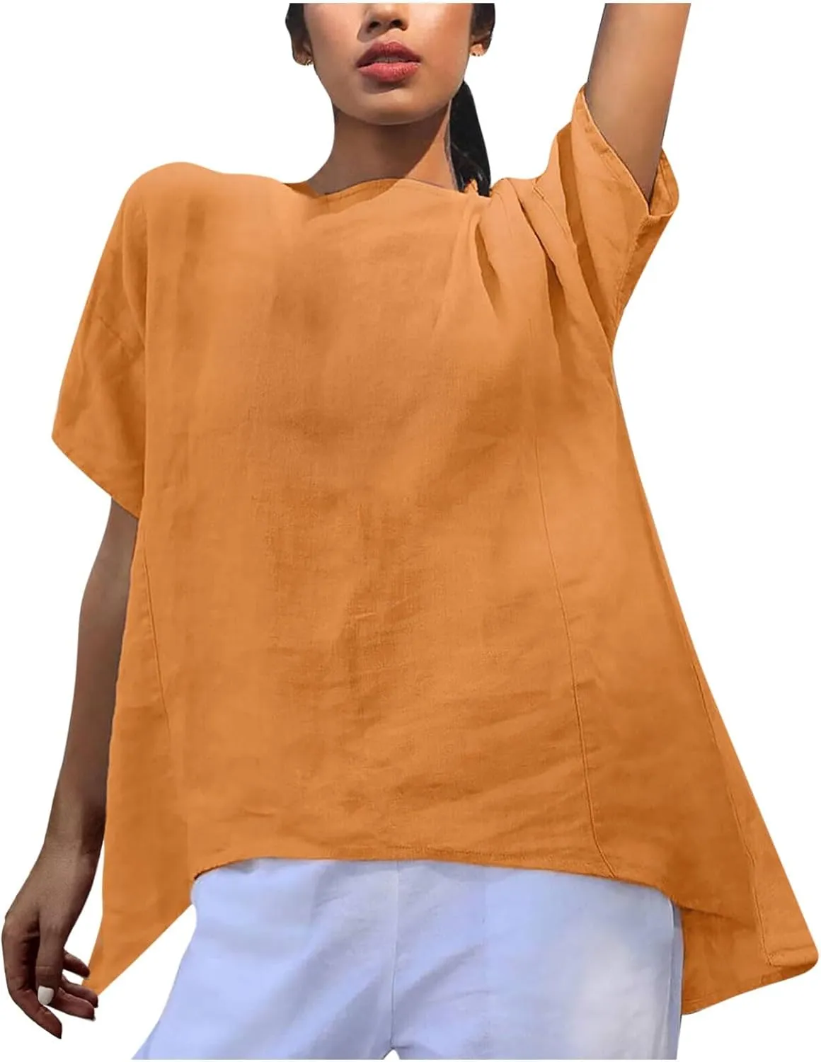 Linen Shirts for Women Summer Short Sleeve Tops Dressy Casual Blouse Irregular Hi-Low Hem Tunic Tees Fashion Clothes