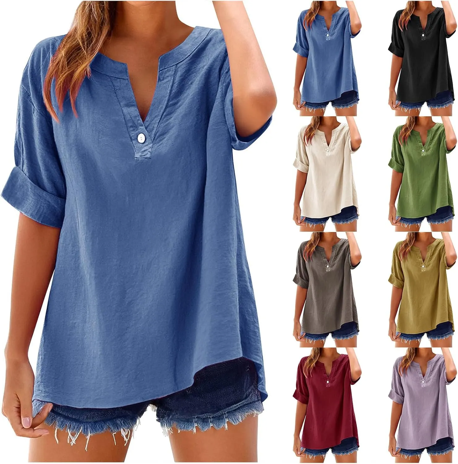 Linen Shirts for Women V Neck Short Sleeve Shirts Casual Button Summer Shirt Loose Fit Collared Tops Beach Blouses